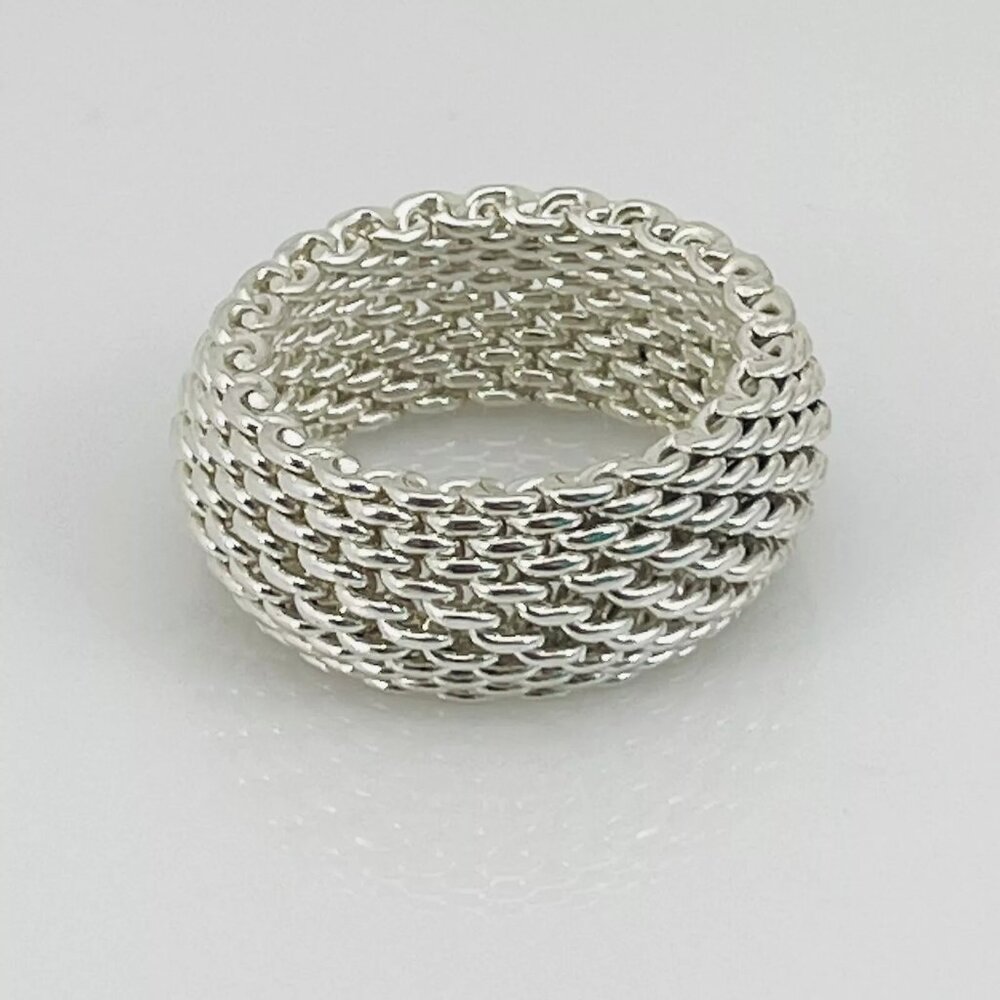 Size 7.5 Tiffany & Co Mens Unisex Silver Somerset Mesh Weave Flexible Dome Ring